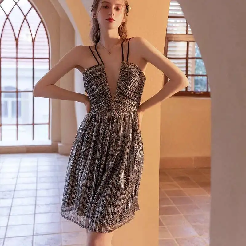 Abendessen, Hochzeit, Party, Pailletten, schmale Passform, 1920er-Kleid, sexy Nachtclub-Hosenträger, Brautjungfern-Minikleid-Host