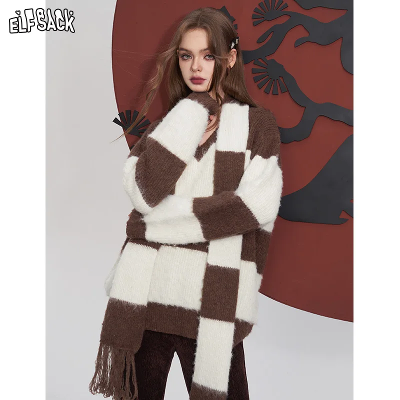 ELFSACK Free Scarf Striped Mohair Warm Sweater Women 2023 Winter Academic Style Loose Knitwears