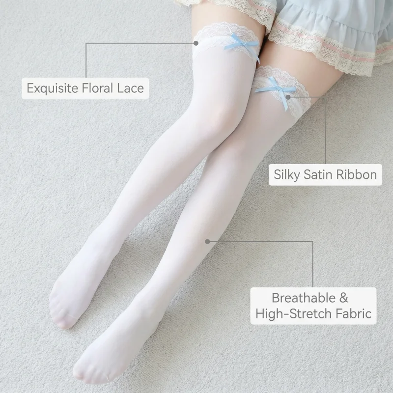 Elegante, durchsichtige, weiße, oberschenkelhohe Spitzensocken für Damen mit Schleife – süße Lolita-Cosplay-Strümpfe für den täglichen Gebrauch, sexy Geschenkstrümpfe – Detail 4
