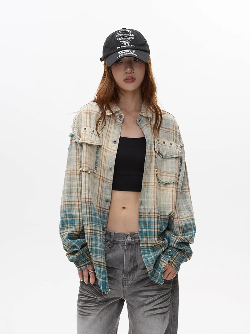 

Aket American Retro Waed adient Plaid irt Women's Spring Autumn New Sle Worn irt Coat Loose Fit Long Sve