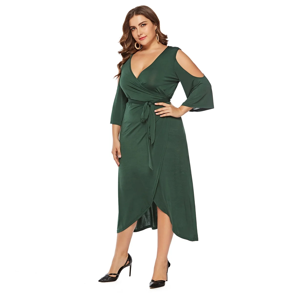 Plus Size Sexy dekolt w szpic zimne ramię rękaw 3/4 zielony kolor na co dzień sukienki Midi dla dużych kobiet