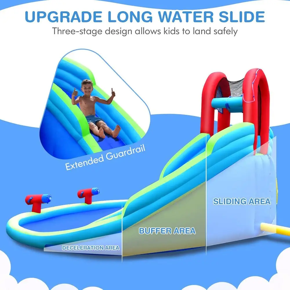 Dmuchane zjeżdżalnie wodne, dmuchane zamki do skakania dla dzieci z długimi zjeżdżalniami, ścianą do wspinaczki i dużym basenem, wodne karabiny i węże.