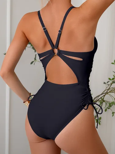 Imagen 2 del producto Traje de baño de una pieza para mujer, trajes de baño de corte alto con lazo lateral, traje de baño con Control de barriga, Monokinis fruncidos 2025