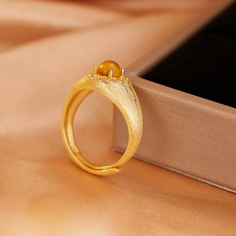 New S925 Silver Middle Brushed Italian Craftsmanship Tiger Eye Stone Adjustable Ring Wedding Jewelry