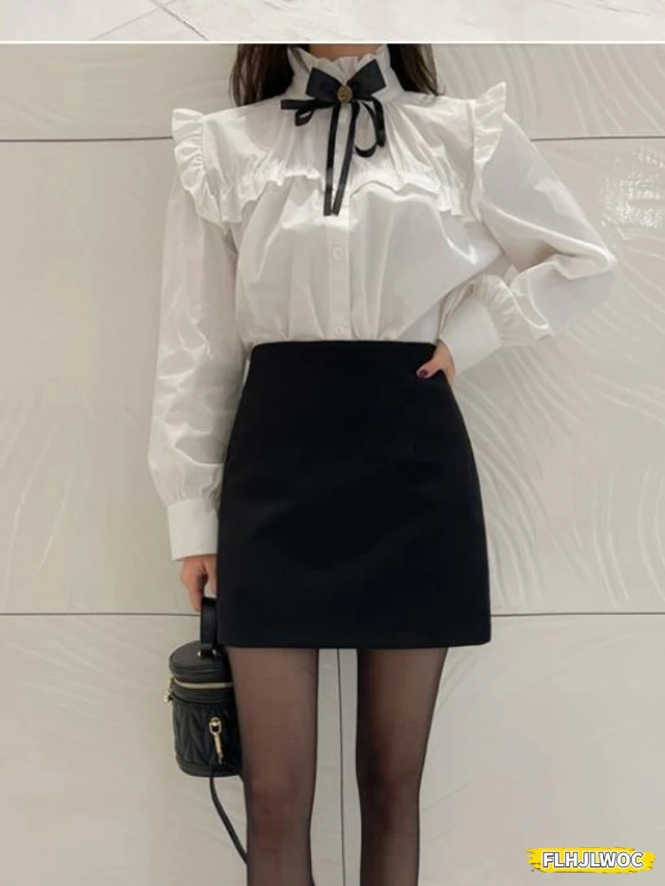 Stand Collar Ruffles Cute Bow Tie Tops Preppy Style Vintage Japanese Korea Design Button Elegant Formal White Shirts Blouses