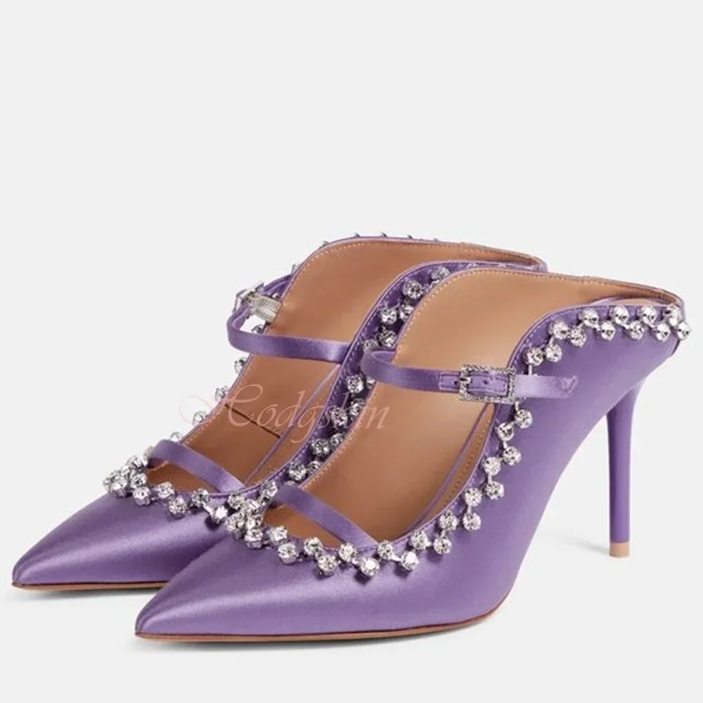 Crystal Shallow Pumps Pointy Toe Stiletto Heels Solid Straps Buckles Slip On Sandals Women New Shoes Summer Party Designer Sexy - Image 2