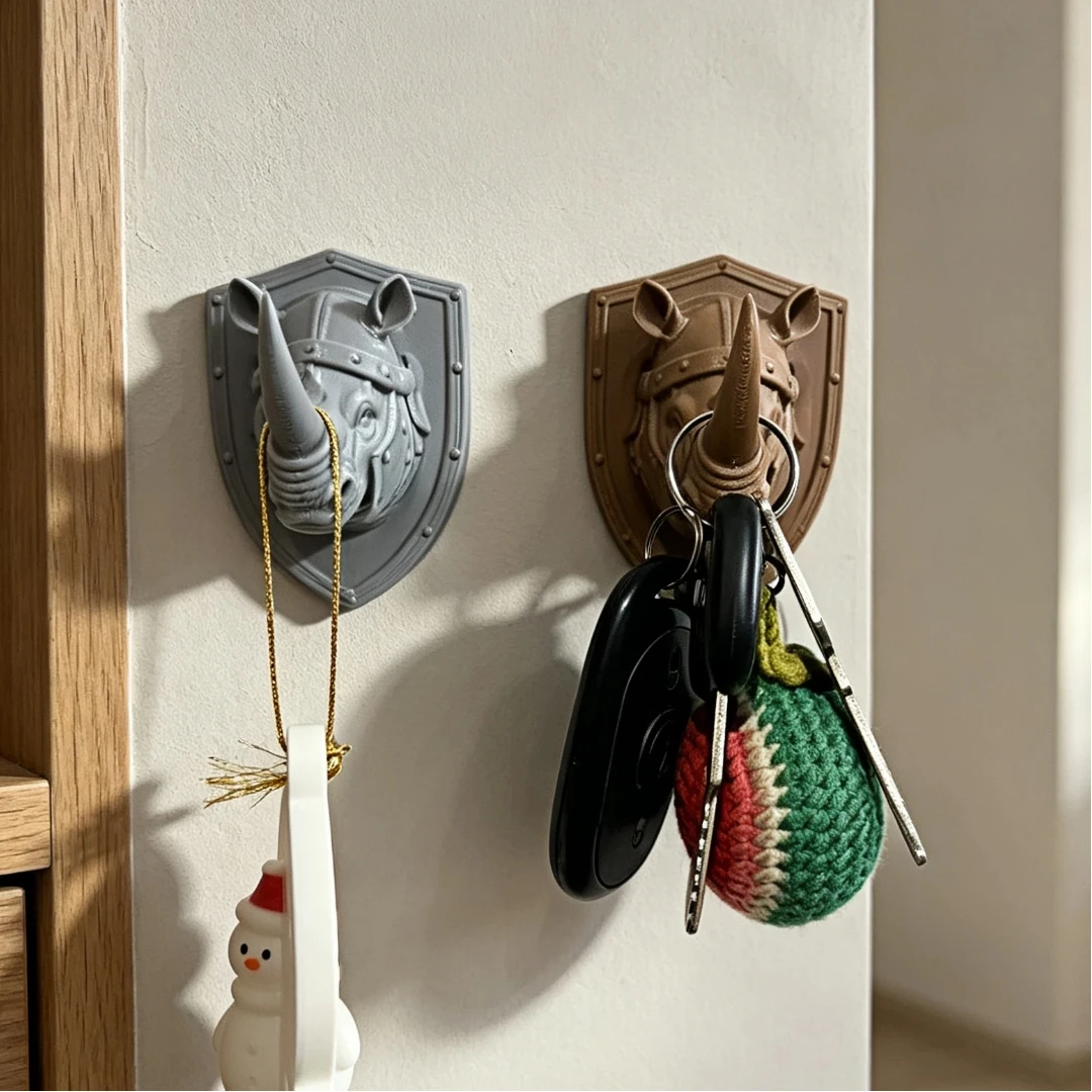 2pcs Medieval Armor Rhino Head Key Hooks, 3D Shield-Shaped Base Animal Hooks, for Entryway Hanging Keys and
