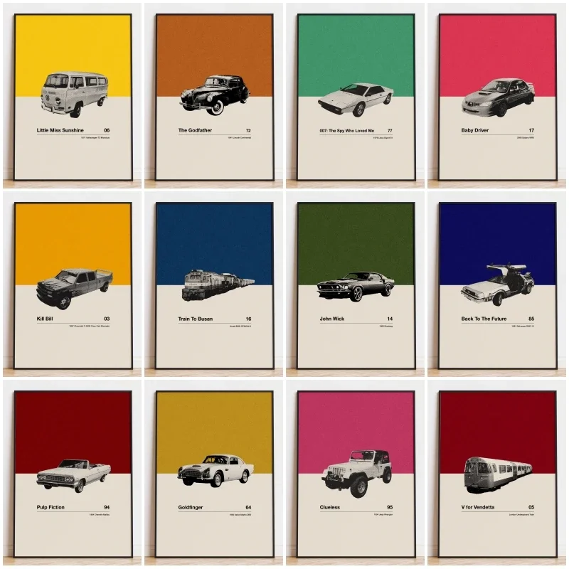 Retro Classic Movie Inspired Car Canvas Painting  Mid Century Modern Wall Art Print for Home Decor