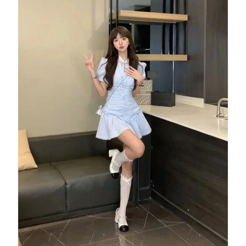 Sweet Spicy Blue Plaid Neck Hanging Dress Women Fashion Korean Sleeveless Shirring Flounce Temperament Slim Summer Strap Outfits