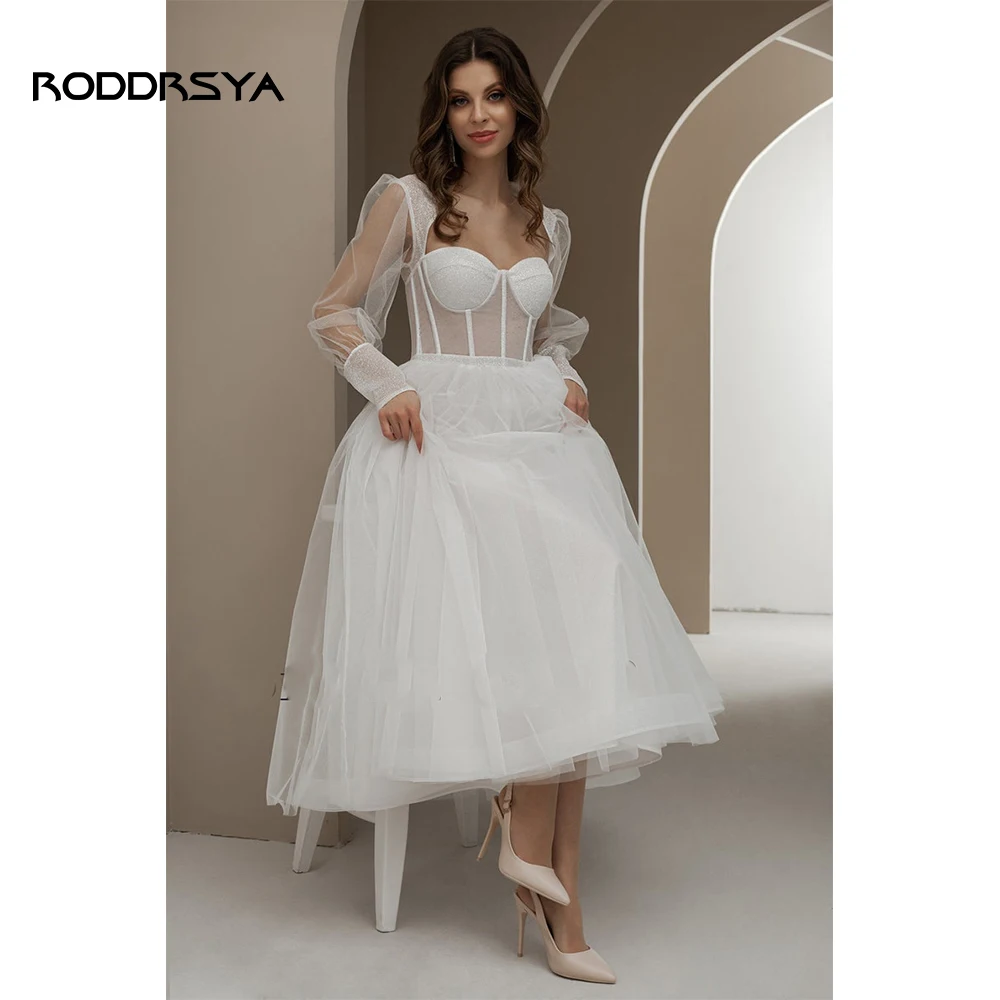 RODDRSYA Bling Glittter Boho Wedding Dresses For Women 2023 Sweetheart Full Sleeves Tulle Beach Backless Short Bridal Gown Civil