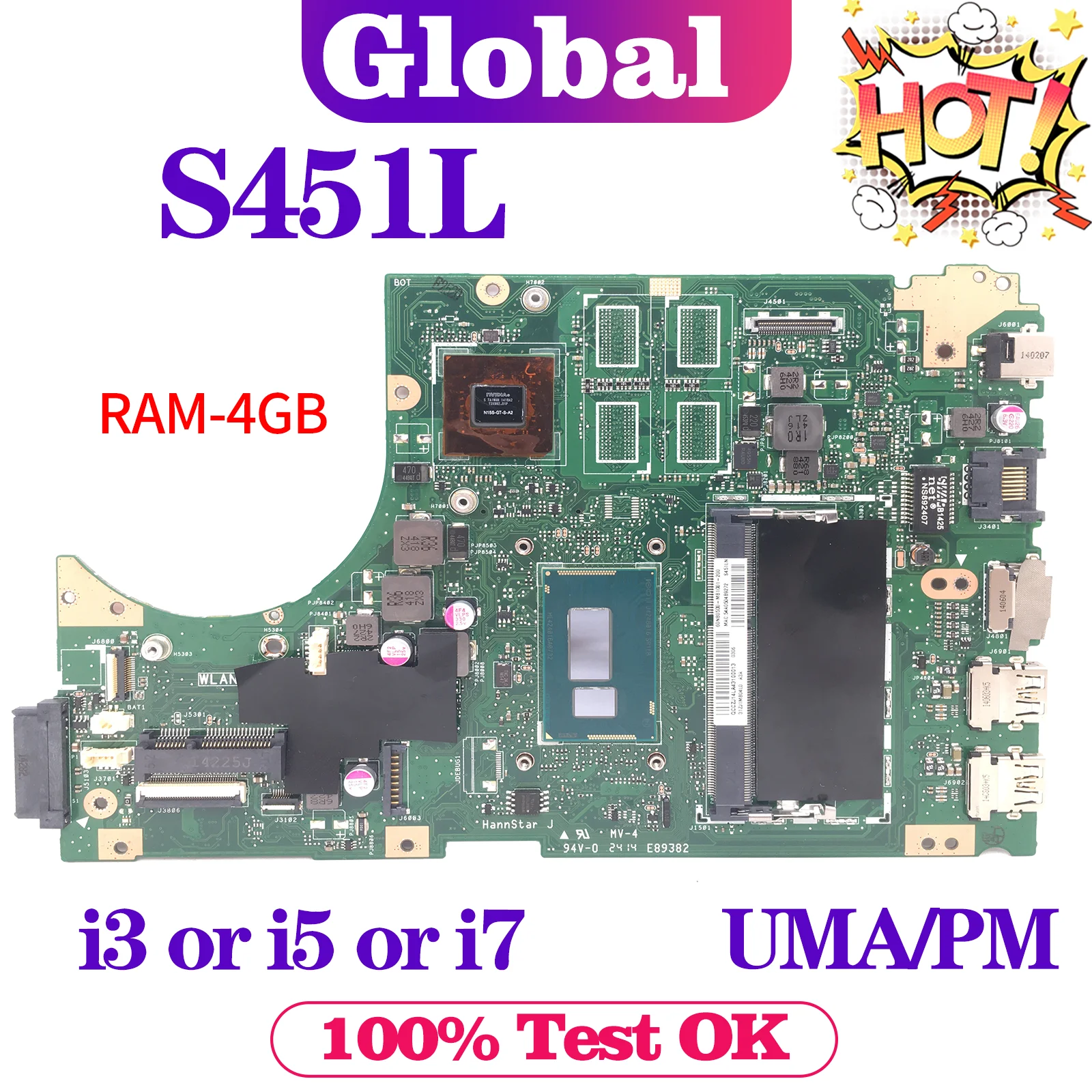 

KEFU V451L Mainboard For ASUS S451L S451LN S451LB S451LA S451 R451L K451L Laptop Motherboard With i3 i5 i7 UMA/PM 4GB/RAM