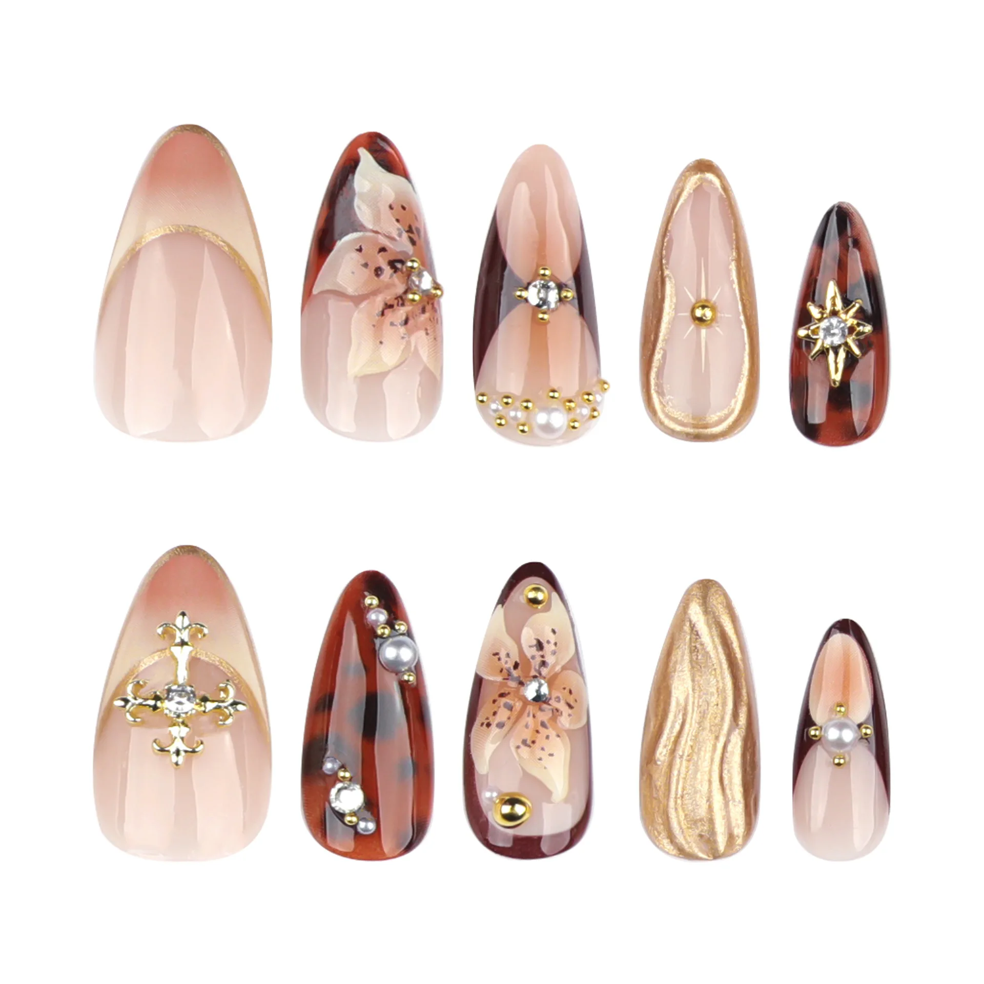 Luxury Maillard Almond Press on Nails with 3D Flower Cross Shell Design Glossy Reusable Fake Nails for Bridal image 6