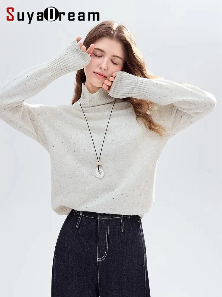 

SuyaDream, Women High Collar Pullovers, 100%Sheep Wool, Dots Yarns, Turtleneck Sweaters, 2025 Fall Winter Solid Chic Top