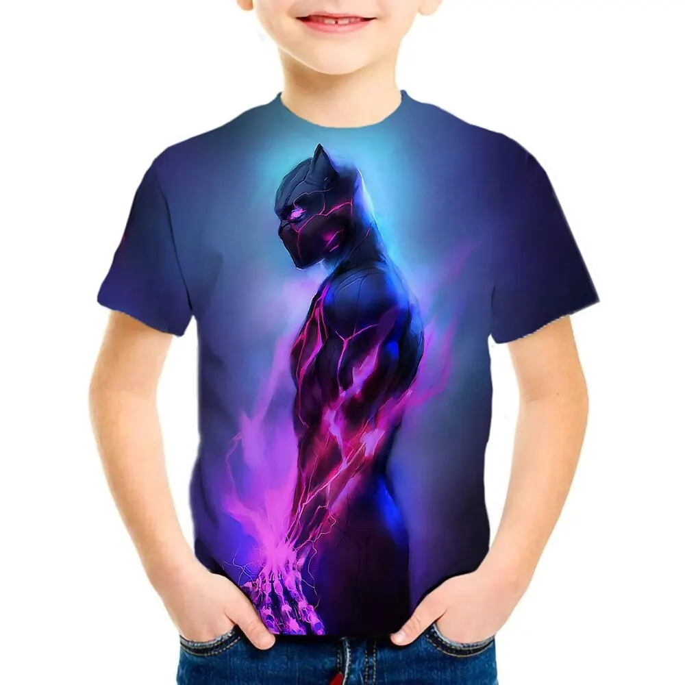 2024 New Kids Black Panther 3D Printed T-shirt Top Summer Boys and Girls Street Fashion Comfortable Short Sleeve