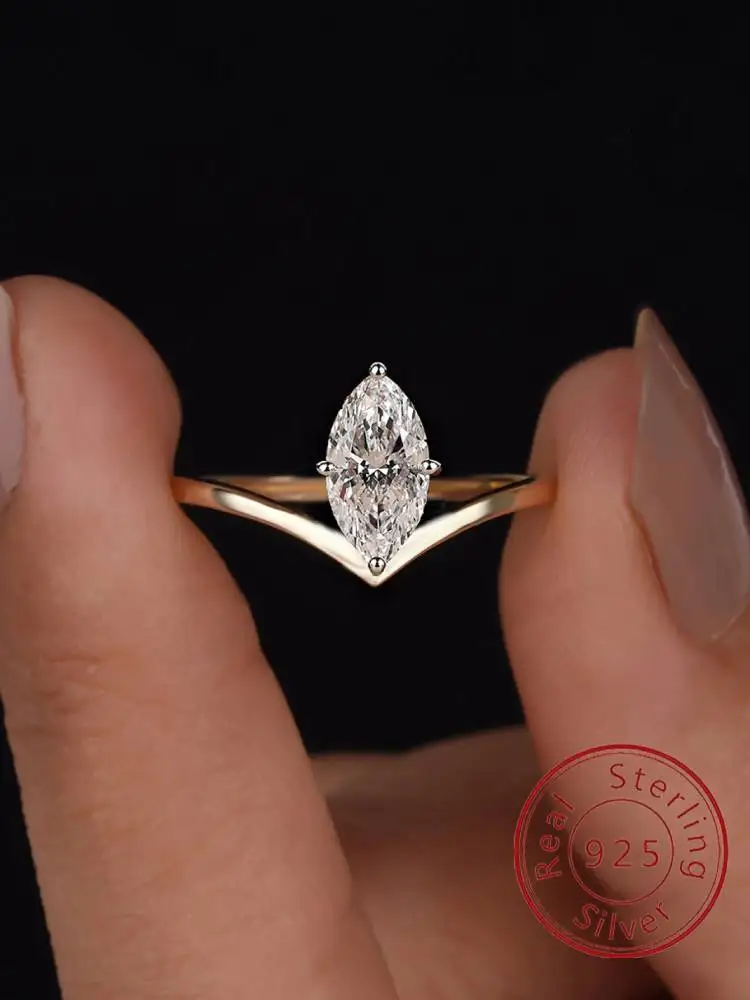 

925 Sterling Silver Fashion Golden Marquise Series Zircon Ring For Women Anniversary Wedding Simple High Quality Fine Jewelry