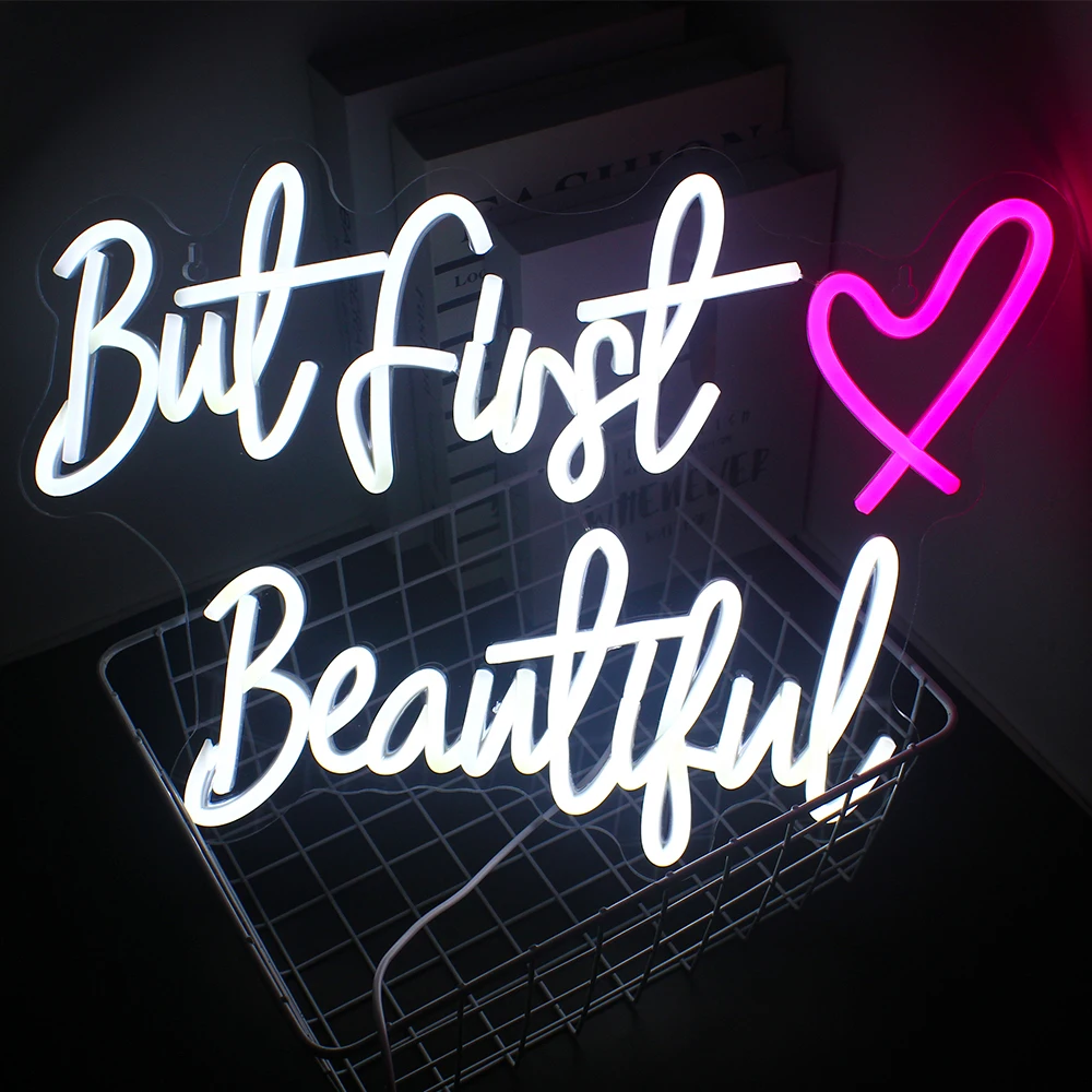 

But First Beautiful Neon Sign Wall Decor Led Lignt Up Sign for Wall Decor USB Powered for Home Girls Room Beauty Shop