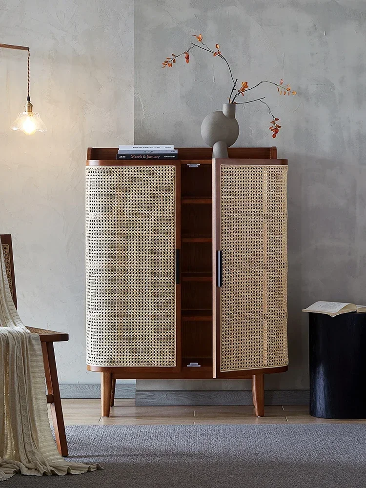 Vine Woven Solid Wood Shoe Cabinet with Integrated Partition, Home Entrance, Living Room, Storage Cabinet