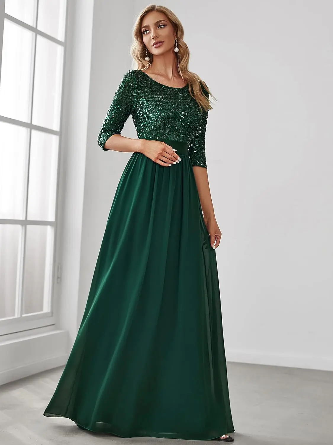 Women's Elegant A Line Crew Neck Half Sleeve Sequin Maxi Evening dress party prom bridesmaid dresses bridesmaid formal summer