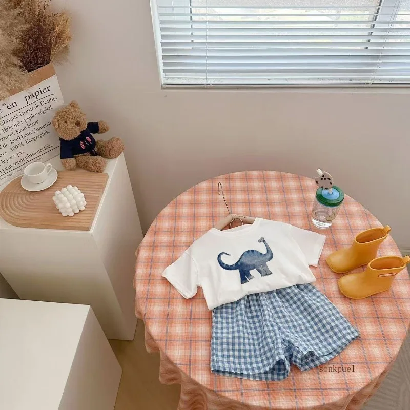 2Pcs Baby Clothes Set Newborn Boys Casual Dinosaur Print Short Sleeved T-shirt+plaid Shorts Toddler Girl Summer Kids Outfit Set image 5