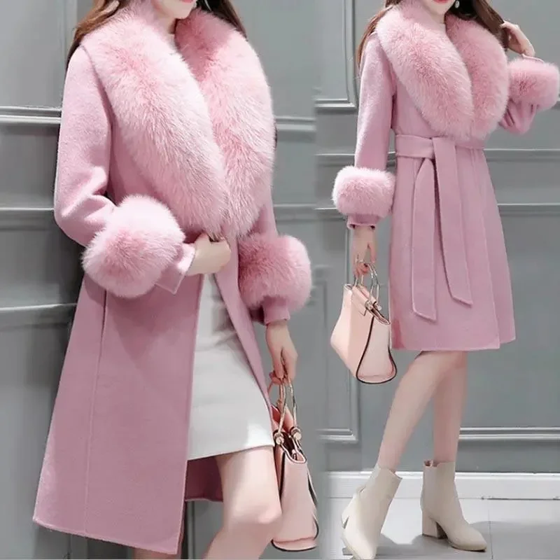 

2024 Winter Jacket Women Long Natural Wool Blends Cashmere Real Fur Coat Double Breasted Belt Warm Streetwear New Fashion A420