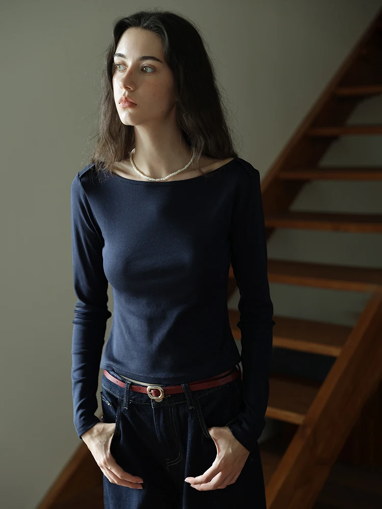 Spring Vintage Boat Neck Long Sleeve T-Shirt Women's Simple High Intelligence Sensation Slim Fit Versatile Top Cotton Lyocell...