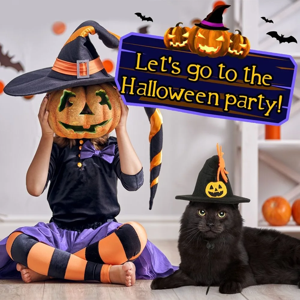 Kawaii Pumpkin Halloween Cat Costume Adjustable Cosplay Props Cat Collar Hat Set Mesh Scarf Pet Halloween Supplies Dress Up
