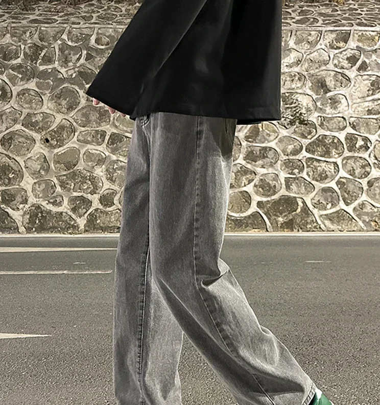 

Solid Jeans Men High-waisted Vintage Streetwear Men Pants Baggy Wide-leg Jeans Straight Stretch Trousers Washed Denim Spring