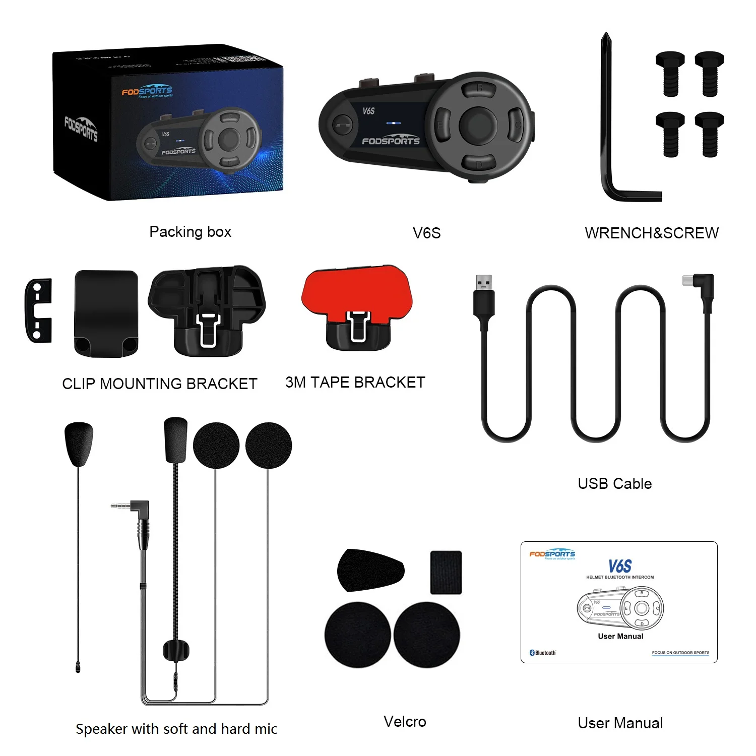 Fodsports V6S Motorcycle Helmet Intercom Helmet Bluetooth Headset 6 Riders 1000m Waterproof Interphone,FM Radio,Share Music.