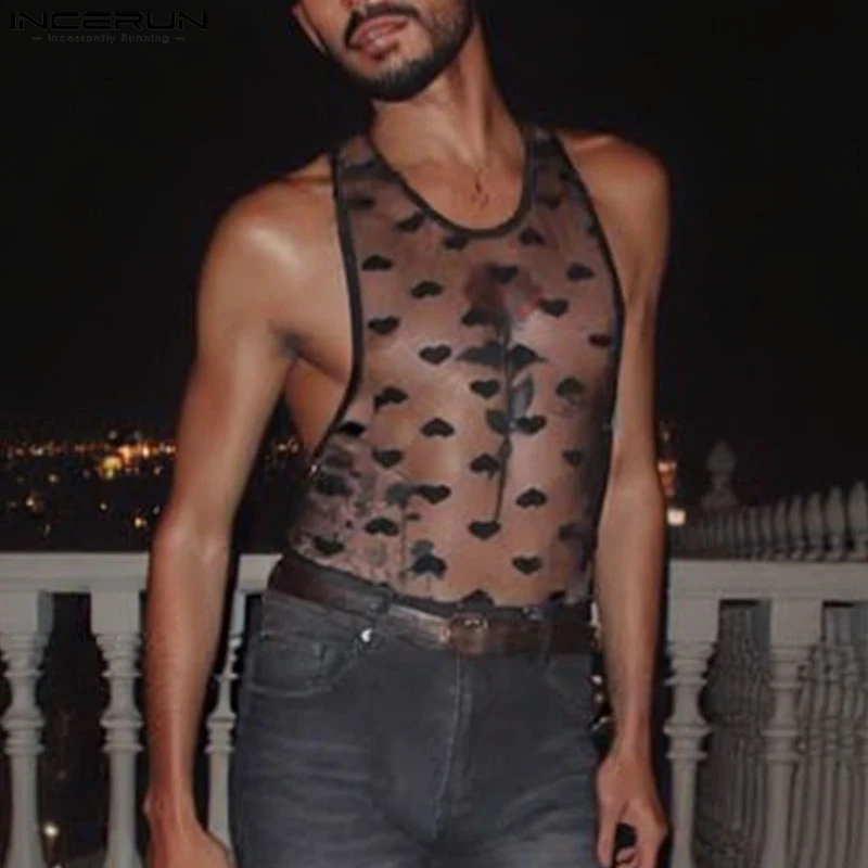 

INCERUN Men Tank Tops Printing Mesh Transparent O-neck Sleeveless Sexy Male Vests Summer Streetwear Party 2025 Fashion Tops Men