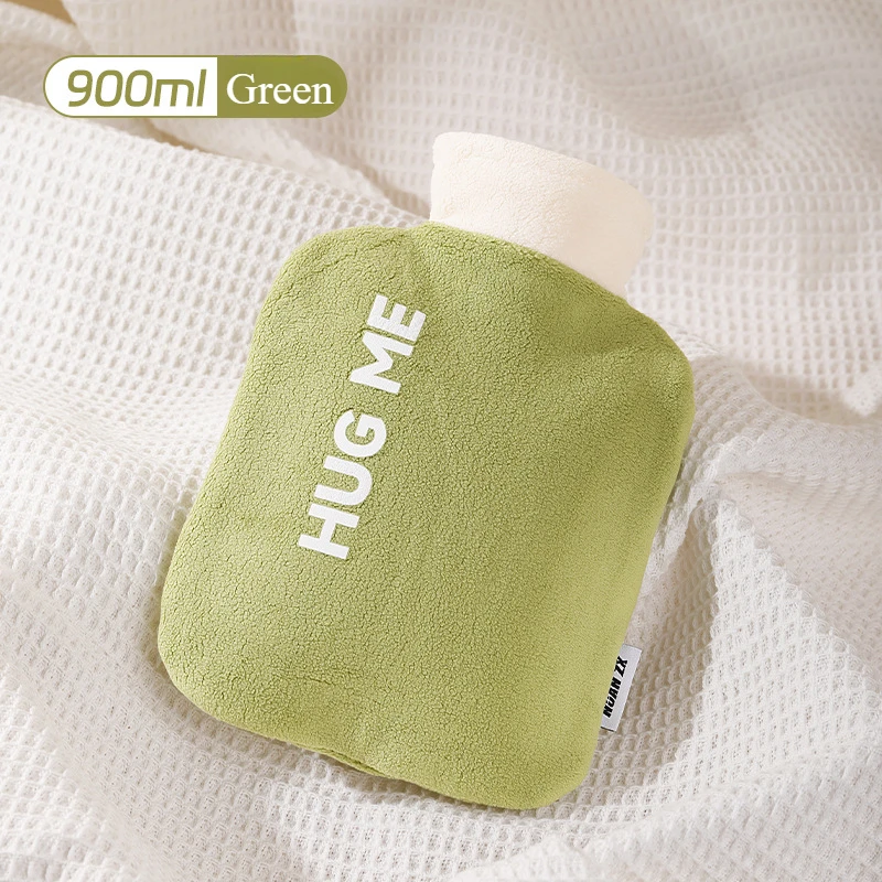 Water injection hot water bag Cute warm water bag plush cover hot compress tummy Green/Brown 900/1300ML New