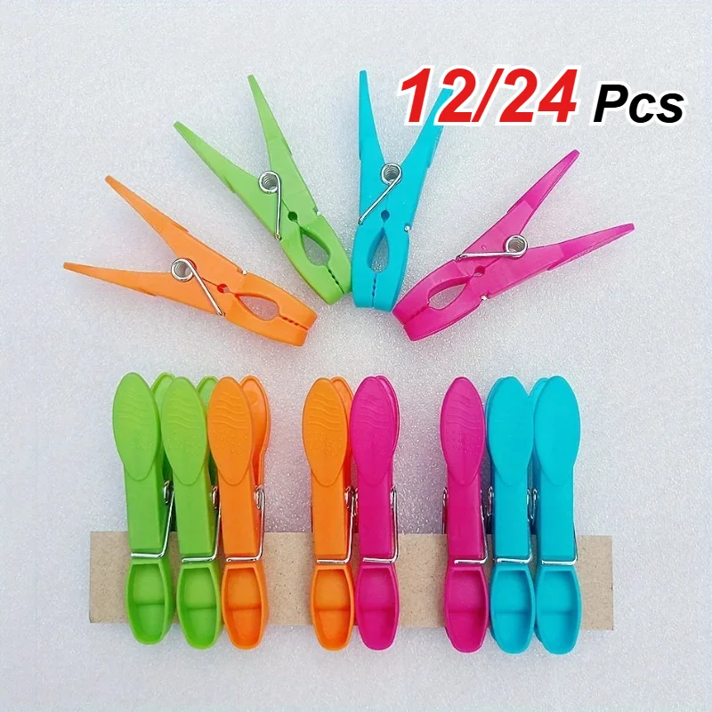 12/24 PCS Heavy-Duty Plastic Clotheslines - Multi-color Spring Clotheslines, Suitable for Drying, Kitchen Outdoor Clothes Peg