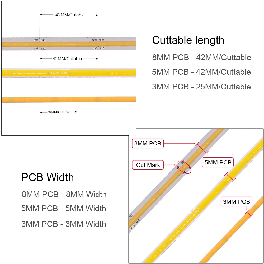 12V 24V 3Mm 5Mm 8Mm Cob Led Strip Licht Ultra Dunne Pcb Tape Met Dc plug Flex Led Lamp 384LED CRI90 Super Heldere Liner Verlichting