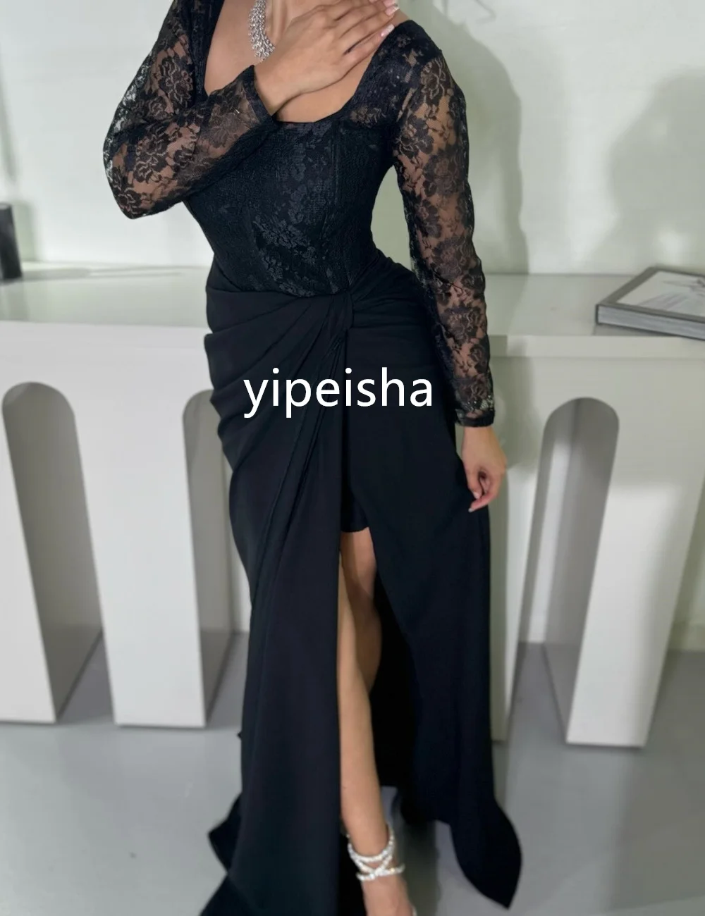 Personalizado requintado jérsei plissado a linha pescoço quadrado vestidos longos baile clássico estilo moderno pastrol unisex elegante