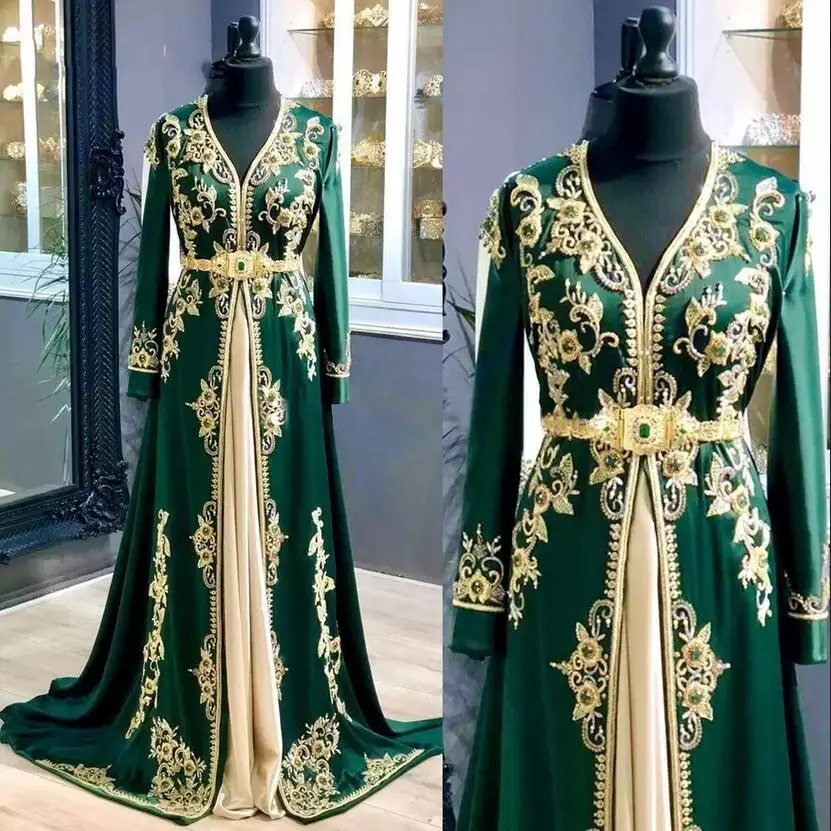 

Luxury Emerald Green Moroccan Caftan Sweep Train Evening Dresses 2023 Long Sleeve Lace Dubai Kaftan Floor Length Prom Party