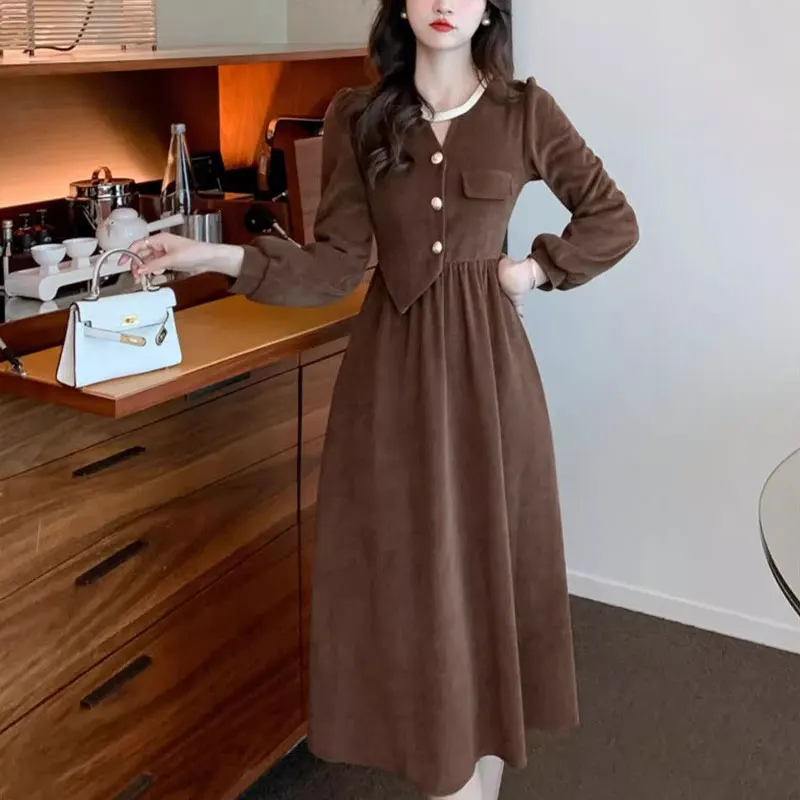 French Style Vintage Round Neck Dresses Female Clothing Fashion Asymmetrical Spring Autumn Elegant A-Line Long Sleeve Midi Dress