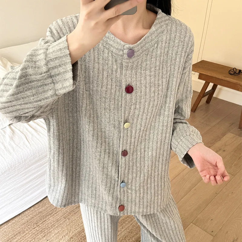 Frühling Herbst Damen Fleece Gestreifter Langarm-Pyjama Weiche Bequeme Loungewear für Frauen Locker Sitzender Einfarbiger Hausanzug für Mädchen