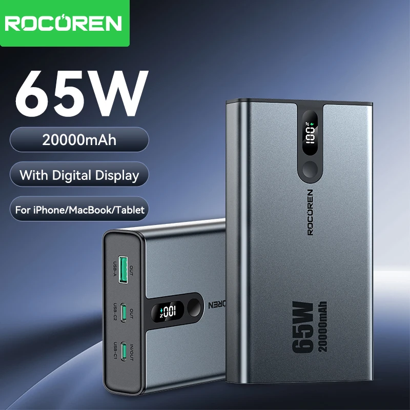 

Rocoren 65W 20000mAh Power Bank Portable Fast Charger External Battery 20000 mAh Powerbank For iPhone 16 Pro Max Xiaomi MacBook