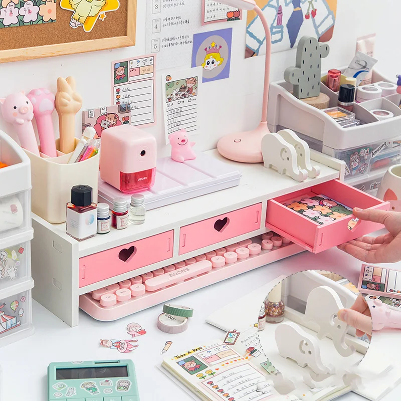 

Kawaii Storage Rack Storage Desk Computer Material Stationery Supplies Cute Desktop Monitor Increase Rack Office Accessories