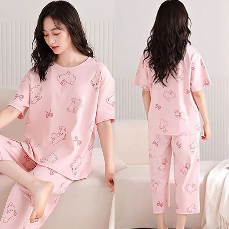 2-piece Set Girls Sleepwear Women Cartoon Casual Homewear Clothes Women Summer Short-sleeve Three-quarter Pants Pajama Set