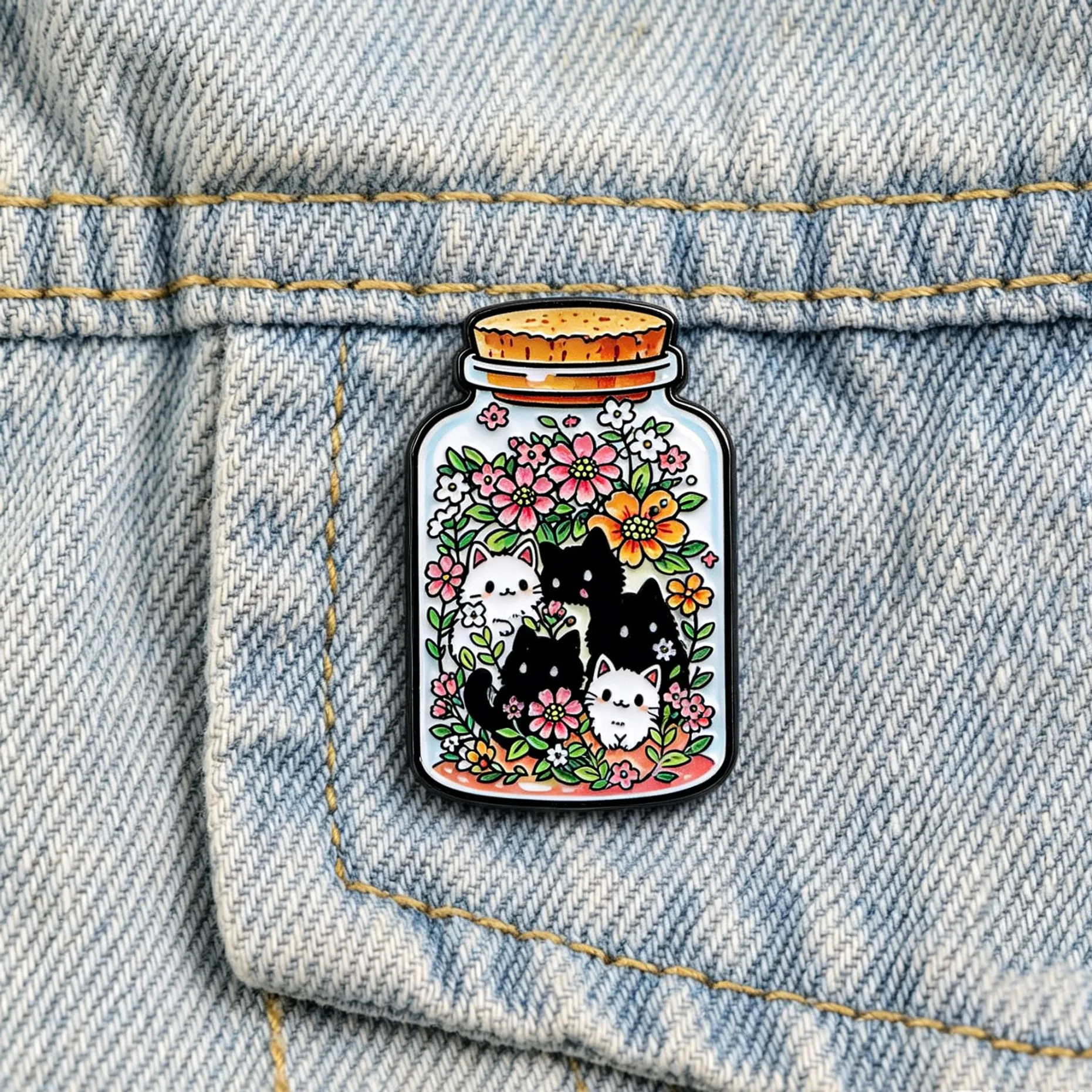 Cute Bottle Cat Enamel Pin Cartoon Brooch Colorful Flower Lapel Pin Kawaii Animal Badge Backpack Clothes Hat Decor Jewelry