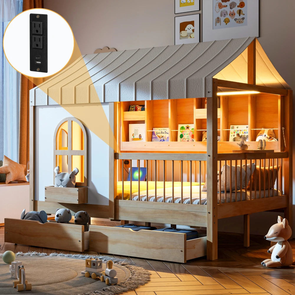

Full Size House Bed with 2 Large Drawers, Side Bookshelf with LED Strip, Natural