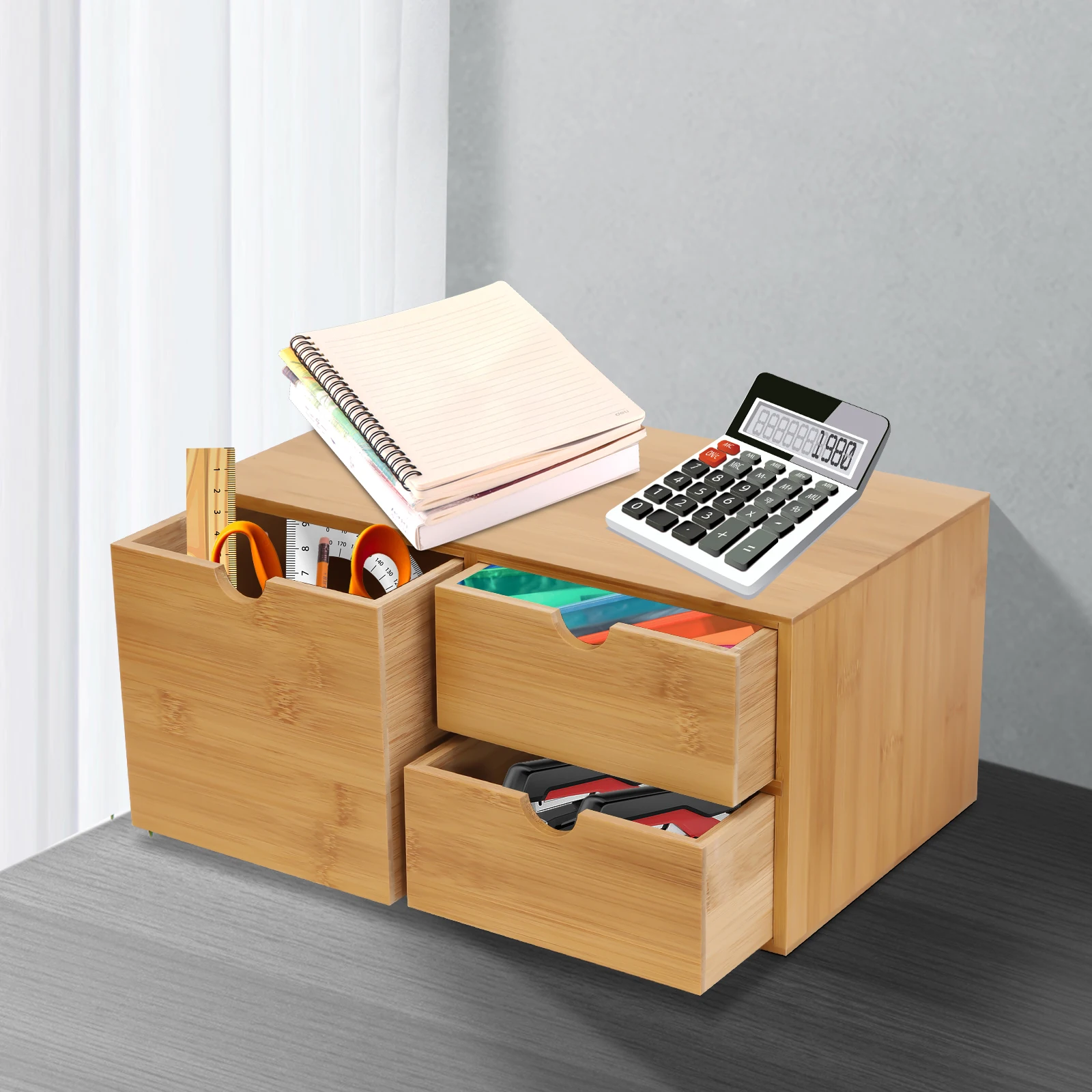 Bymaocar Mini Drawer Style Countertop Desk Retro Thick Storage Box, Tidy Desktop Organizer W/ Embedded Handles for Offices&Shops