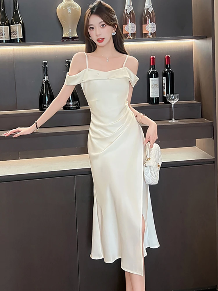 夏パープルサテンシックなビーズスリングロングドレス女性韓国ヴィンテージ高級ダンスパーティードレス 2025 エレガントなボディコンナイトドレス