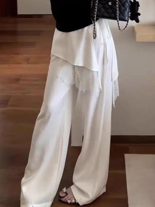 

High Waist Wide Leg Lace Casual Pants Women's Lazy Slimming Drape Design Straight Leg Long Trousers Korean Style Breathable S...