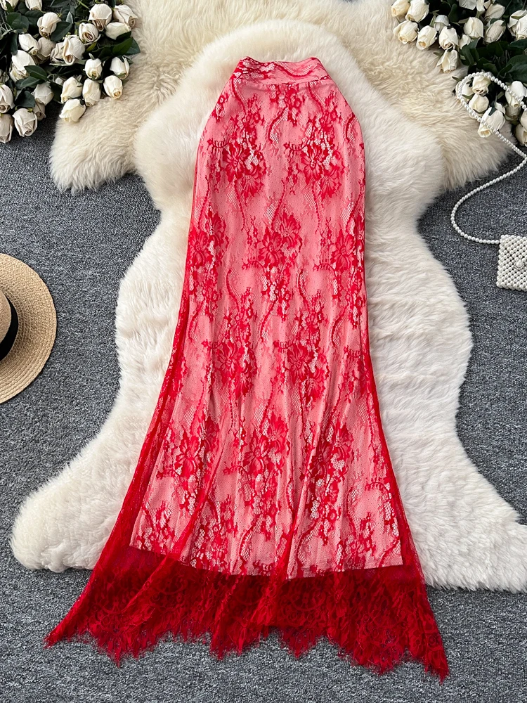 Gonna a trapezio a vita alta con giunture in pizzo coreano Sle Abito lungo in rete da donna Ele f-lunghezza Pendolarismo Chic Sle