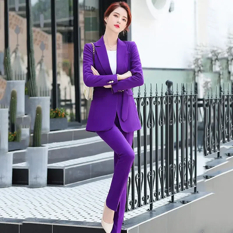Pop Pop Fashion Abito da ufficio di alta qualità Giacca viola e pantaloni Set da 2 pezzi Nuovo abito in vita Abiti temperamento per le donne HJLZB