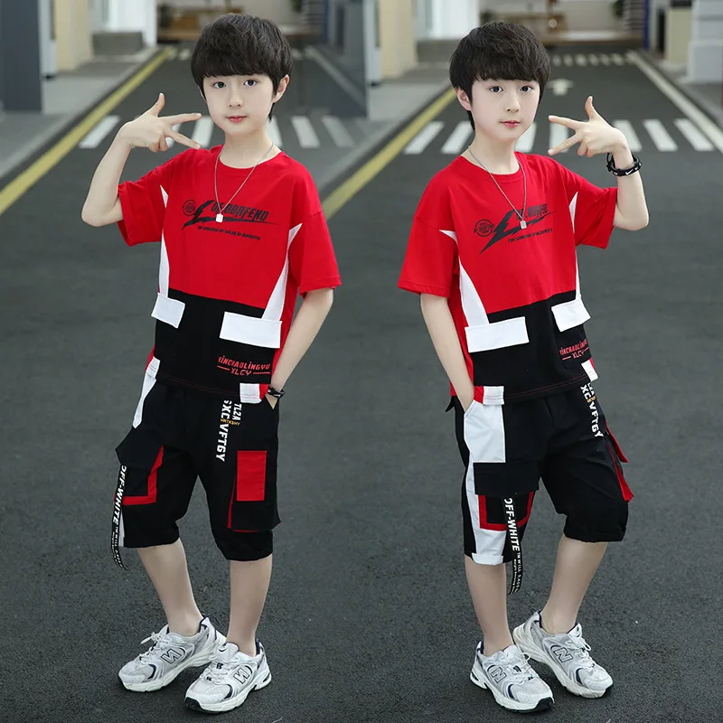 Boy Summer Clothing Sets 2023 New Fashion O-Neck Patchwork Multiple Pockets Casua 2 Pieces Teenager Clothes Outfits 120-170