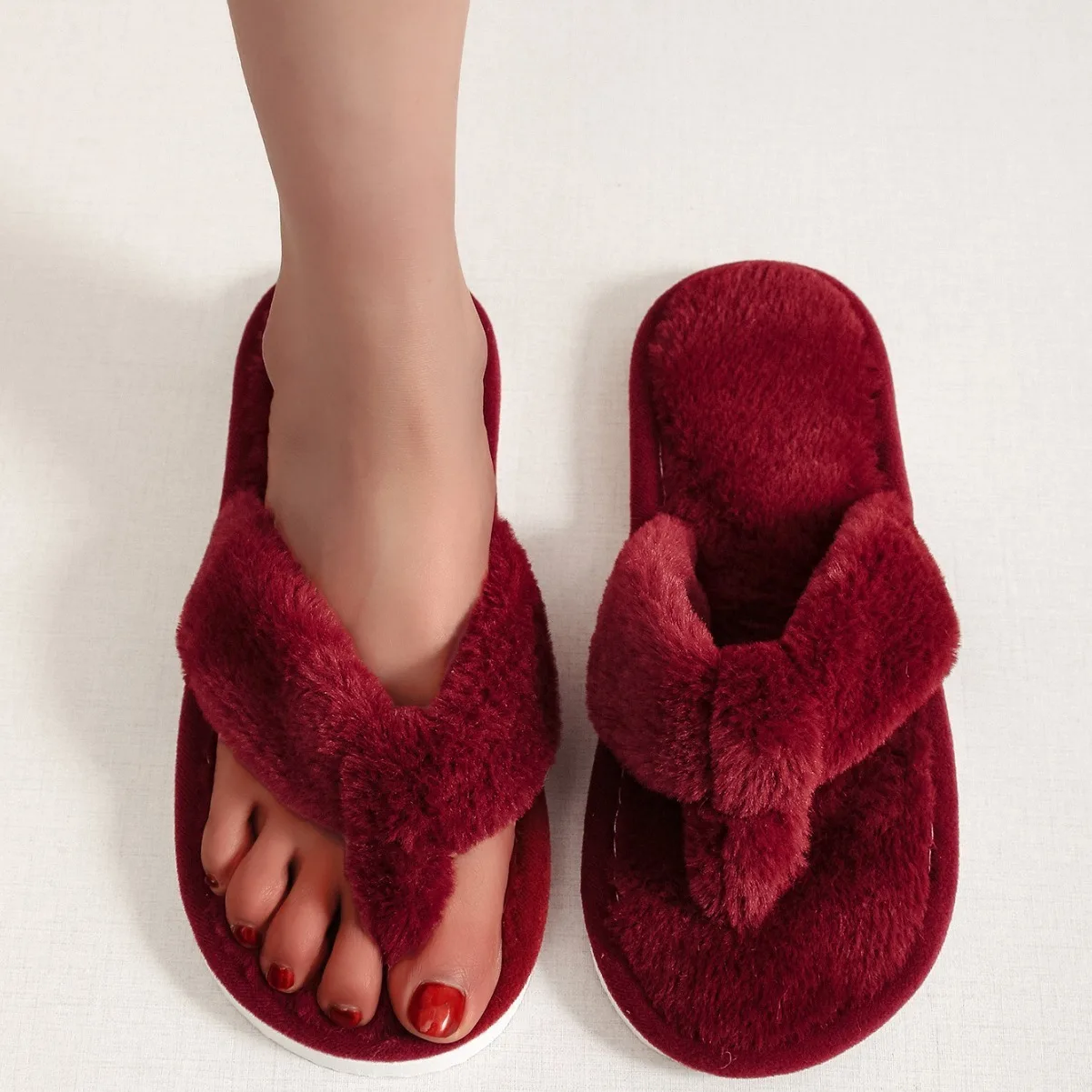 

Women Fluffy Flip Flops Slippers Cozy Faux Fur Cross Indoor Floor Slides Flat Soft Furry Shoes