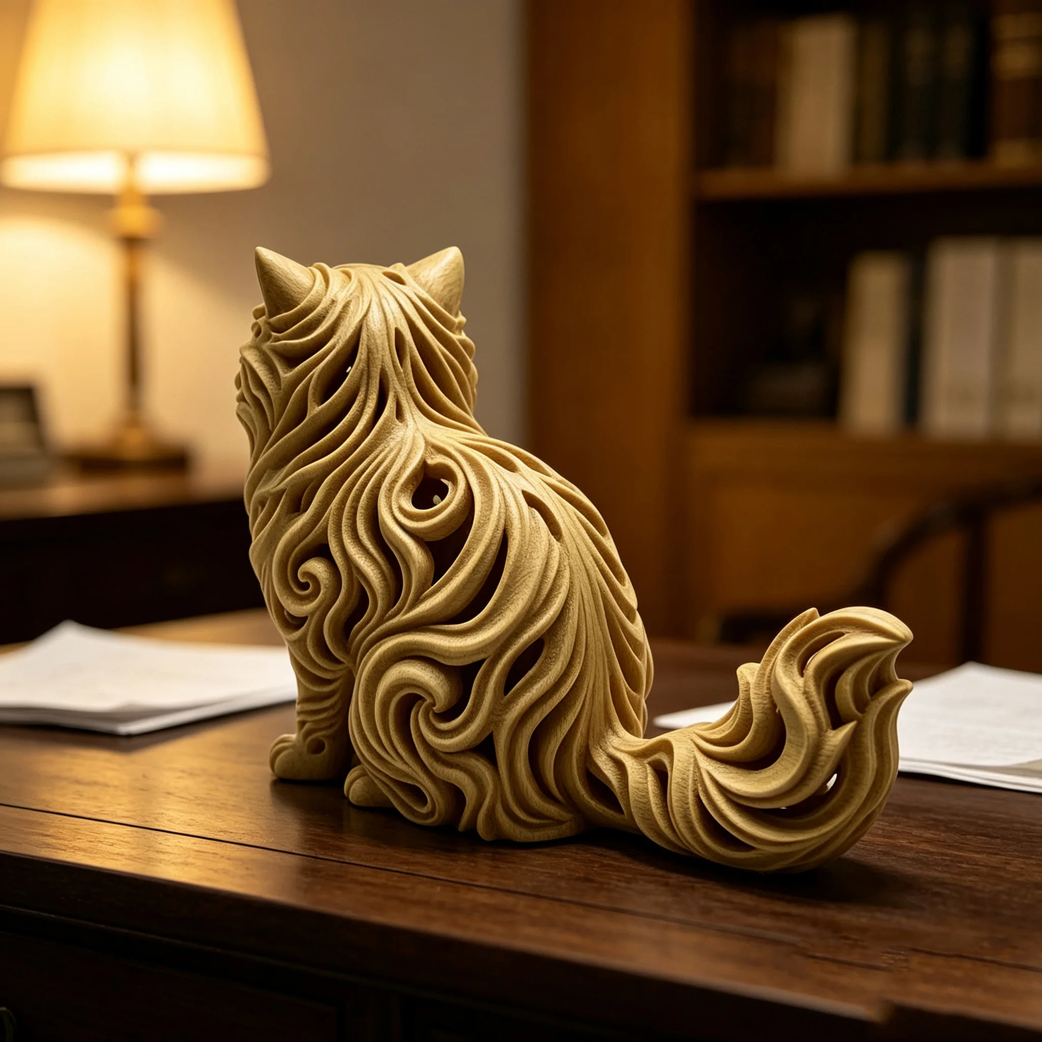 Vintage Hohlgeschnitzte Katzenfigur 3D-Gedruckt mit Holzimitat-Textur Langhaarige Katzenstatue Kunsthandwerk Dekoration für Zuhause und Schreibtisch – Detail 9