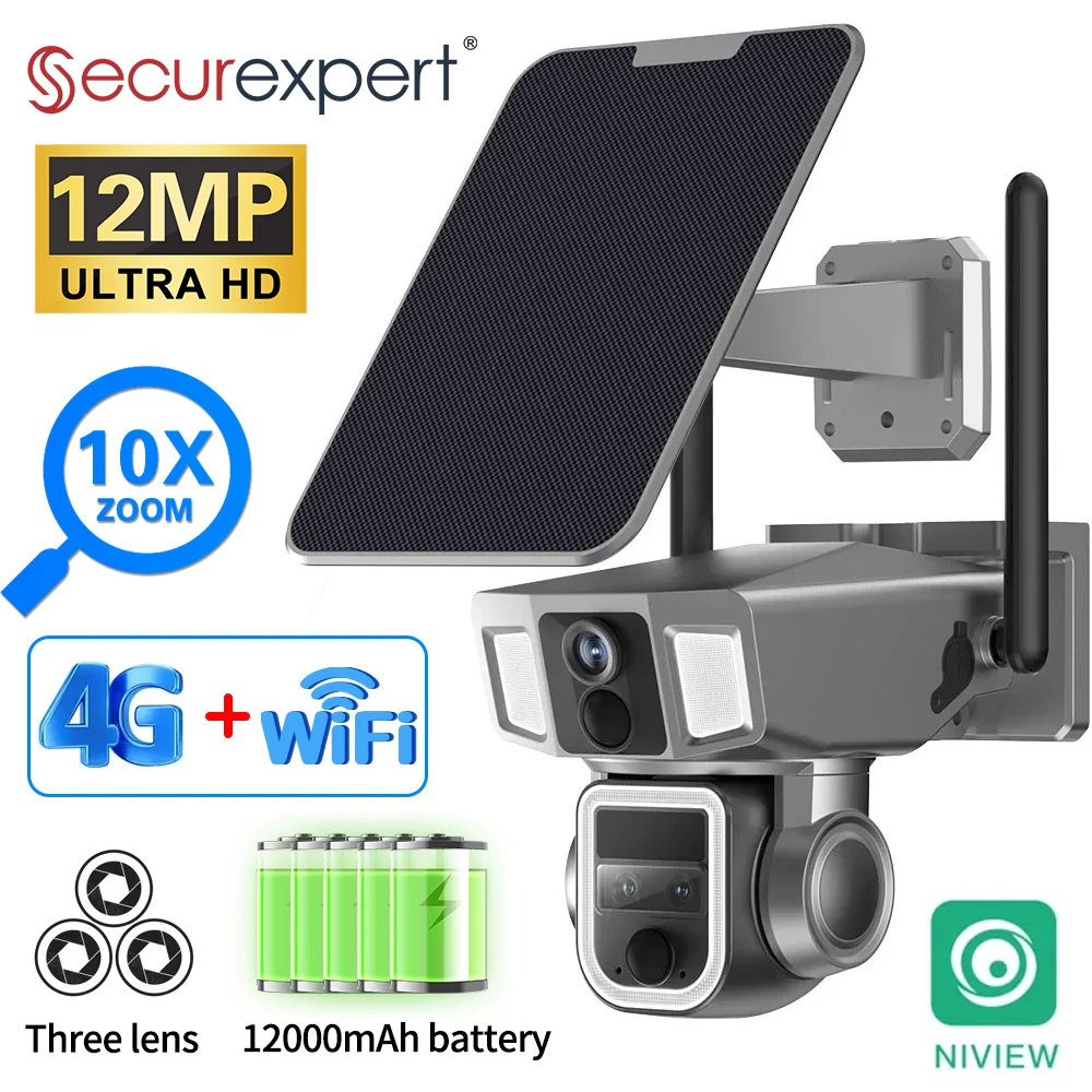 Securexpert 12MP 6K 10X Zoom Dual Screen Solar Camera 4G/WiFi 2 In 1 Three Lens PIR Detection Auto Tracking Waterproof Cameras